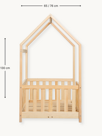 Natural pine children's house bed front view with dimension annotations: 65/76 cm width, 130 cm height, slatted safety rail