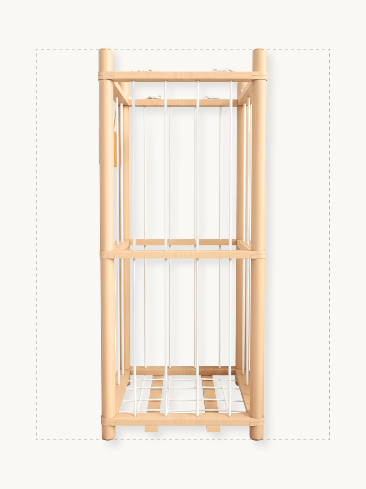 Front view of a two-tier natural pine cage-style toy organiser with white cord sides and grid base, empty on white background