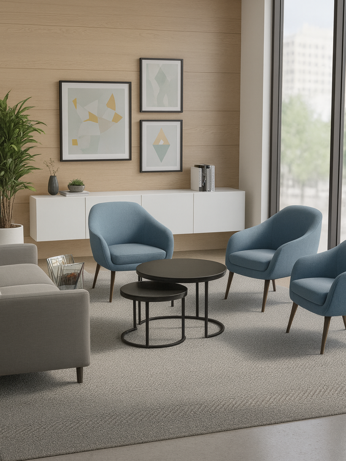 Two black round nesting side tables with steel ring bases styled in a modern office lounge beside blue armchairs and a lar…