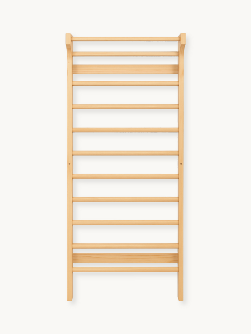 Natural wood wall-mounted climbing ladder with evenly spaced horizontal rungs, front view on white background