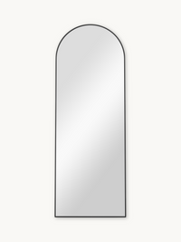 Full-length arched mirror with thin black aluminium frame, front view on neutral background, 160x60 cm