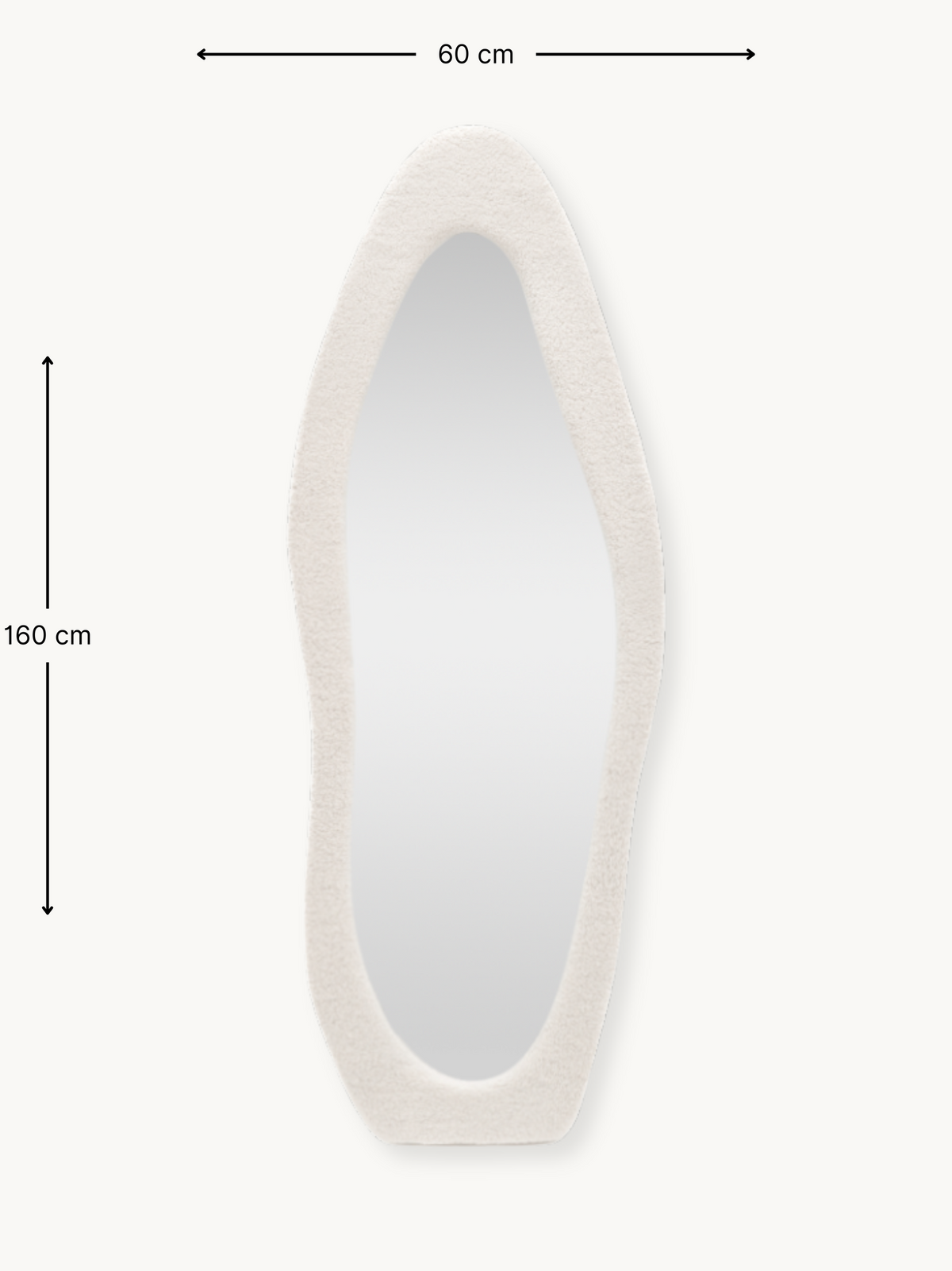 Dimension diagram of Seraphina standing mirror showing 160 cm height and 60 cm width annotations on plain background