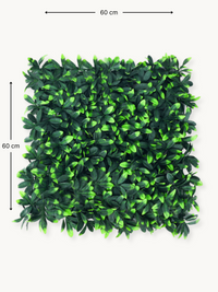 60×60 cm dimension diagram of a square artificial green leaf wall panel, flat front view on white background