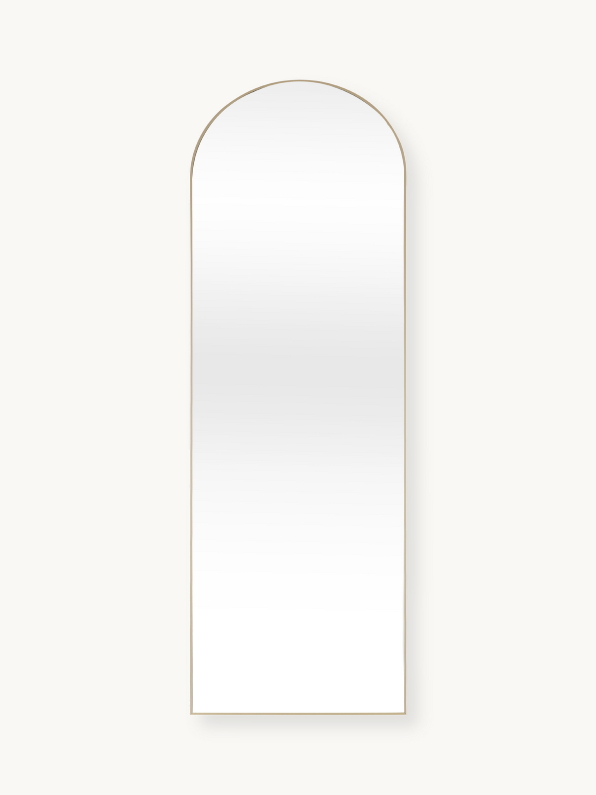 Tall arched full-length mirror with thin gold aluminium frame, straight sides and rounded top, front view on plain background