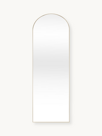 Tall arched full-length mirror with thin gold aluminium frame, straight sides and rounded top, front view on plain background