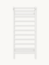 White wooden wall-mounted climbing frame with horizontal rungs, front view against plain background
