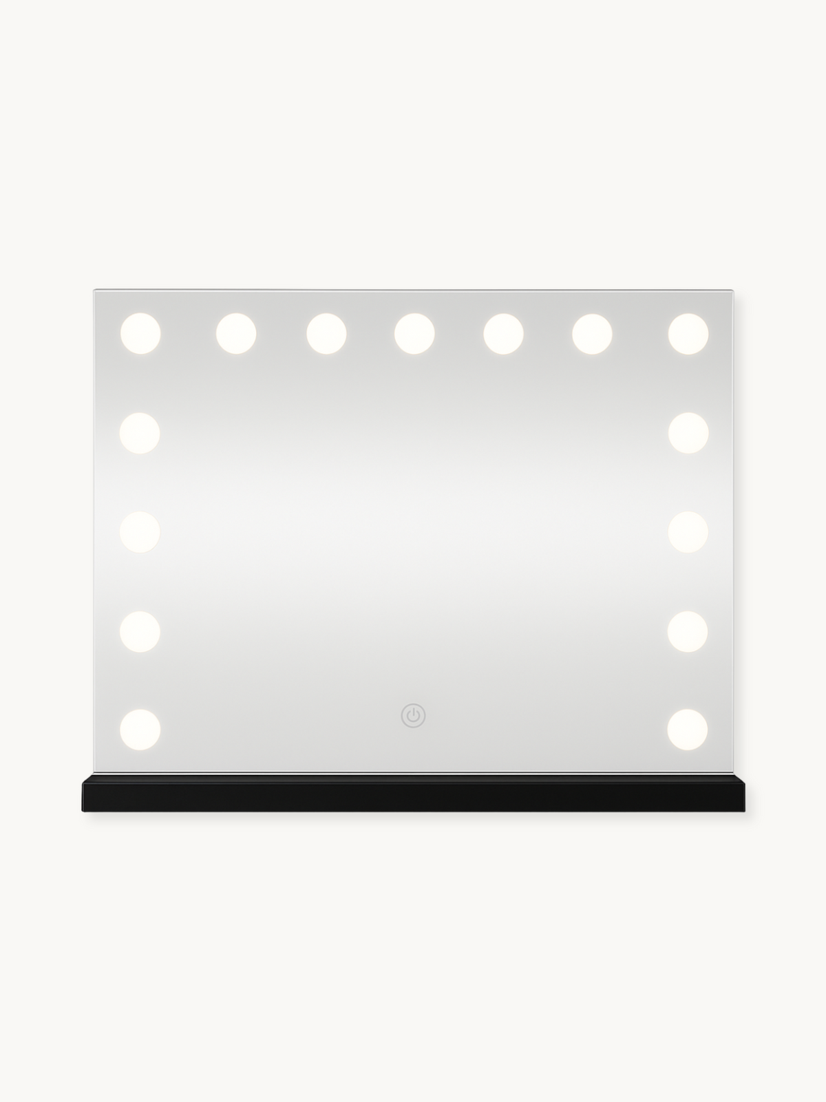 Front-facing black Hollywood vanity mirror with 15 illuminated LED bulbs around three sides and a touch power button
