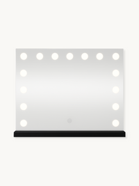 Front-facing black Hollywood vanity mirror with 15 illuminated LED bulbs around three sides and a touch power button