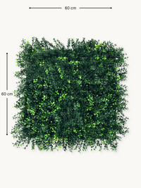 Square artificial green ivy wall panel with dimension arrows showing 60 cm width and height, front view on light background