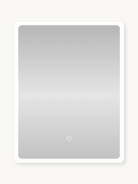 Rectangular LED mirror cabinet front view, white frame with rounded corners and touch power button, light off