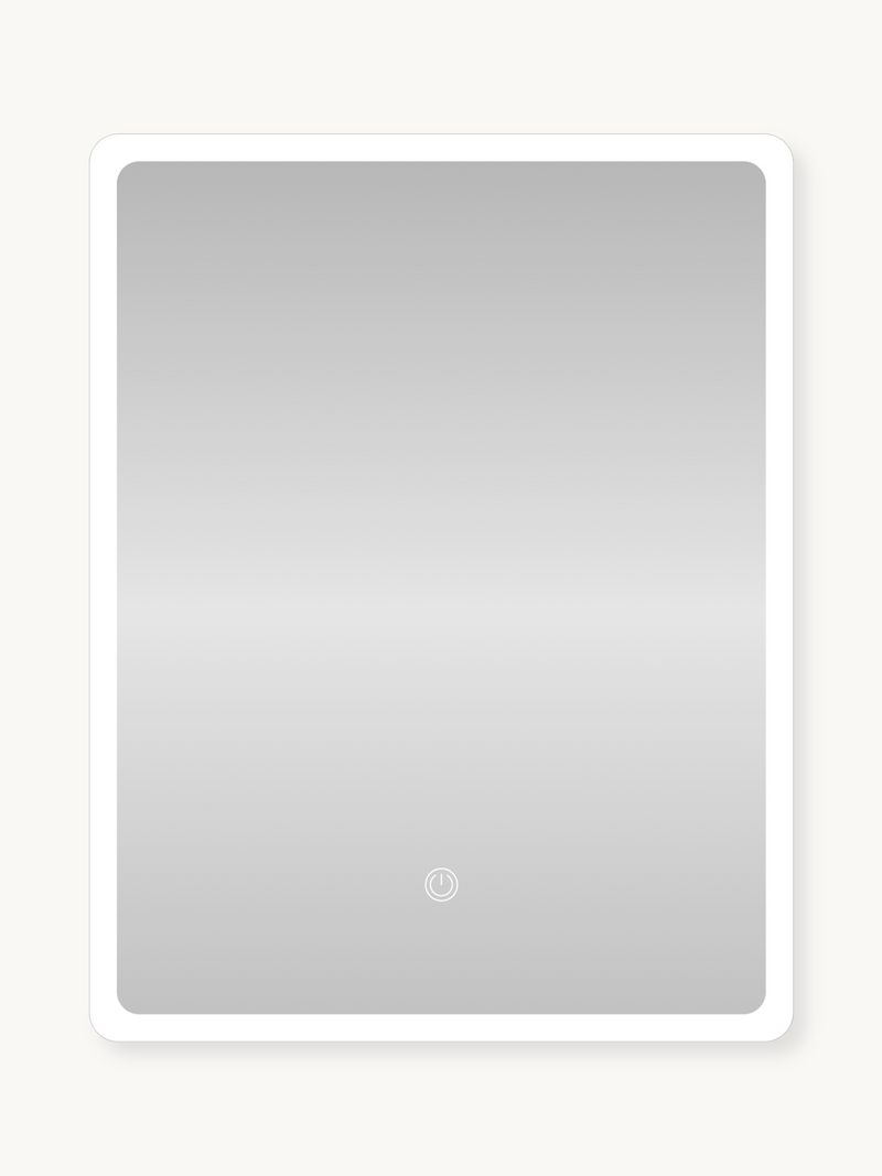 Rectangular LED mirror cabinet front view, white frame with rounded corners and touch power button, light off