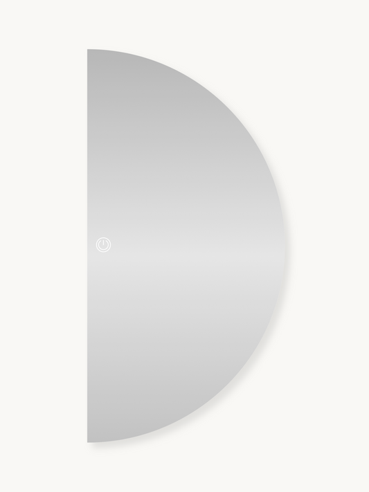 Half-round frameless mirror Oma with dimmable LED lighting