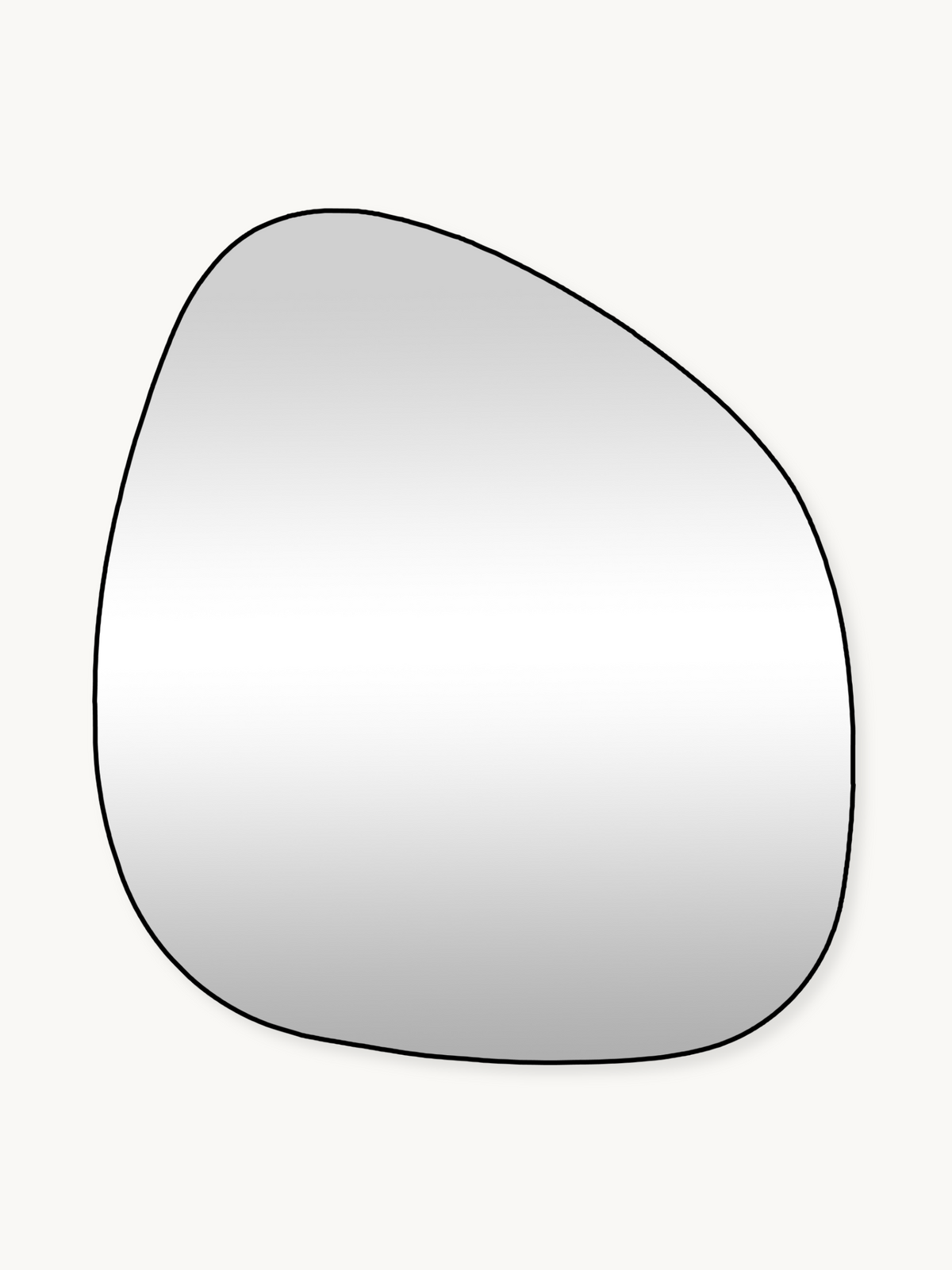 Alaric organic-shaped wall mirror with black PVC frame, front view on off-white background, asymmetric pebble silhouette,…