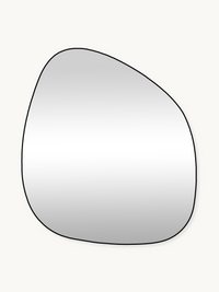 Alaric organic-shaped wall mirror with black PVC frame, front view on off-white background, asymmetric pebble silhouette,…