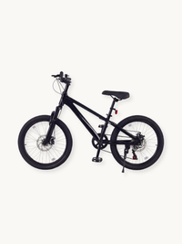 Black 20-inch kids' mountain bike, full side view, steel frame with front suspension fork and dual disc brakes on white ba…