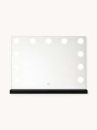 Front-facing black Hollywood vanity mirror with 12 lit LED bulbs around the edge and a touch power button at the base
