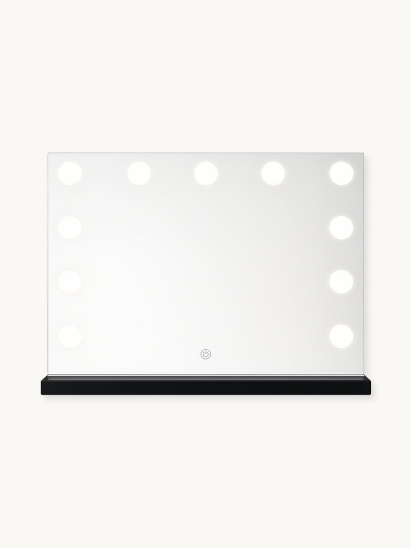 Front-facing black Hollywood vanity mirror with 12 lit LED bulbs around the edge and a touch power button at the base
