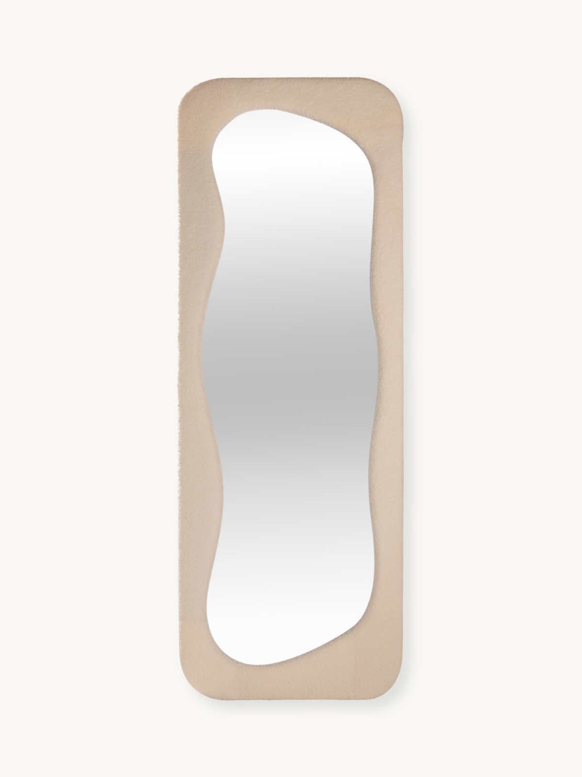 Tall rectangular mirror with wavy organic-shaped glass set in a cream white teddy fabric upholstered frame, front view on…