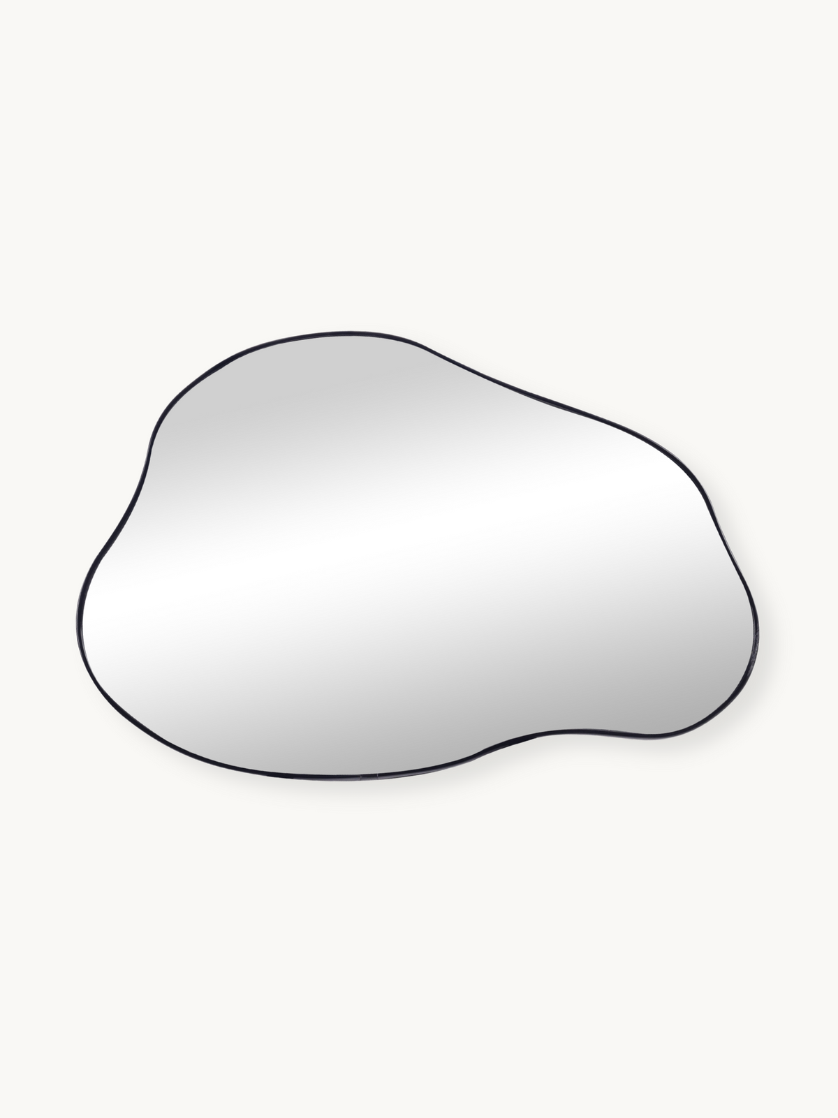 Organic-shaped wall mirror with thin black PVC frame, landscape orientation, photographed flat against off-white background