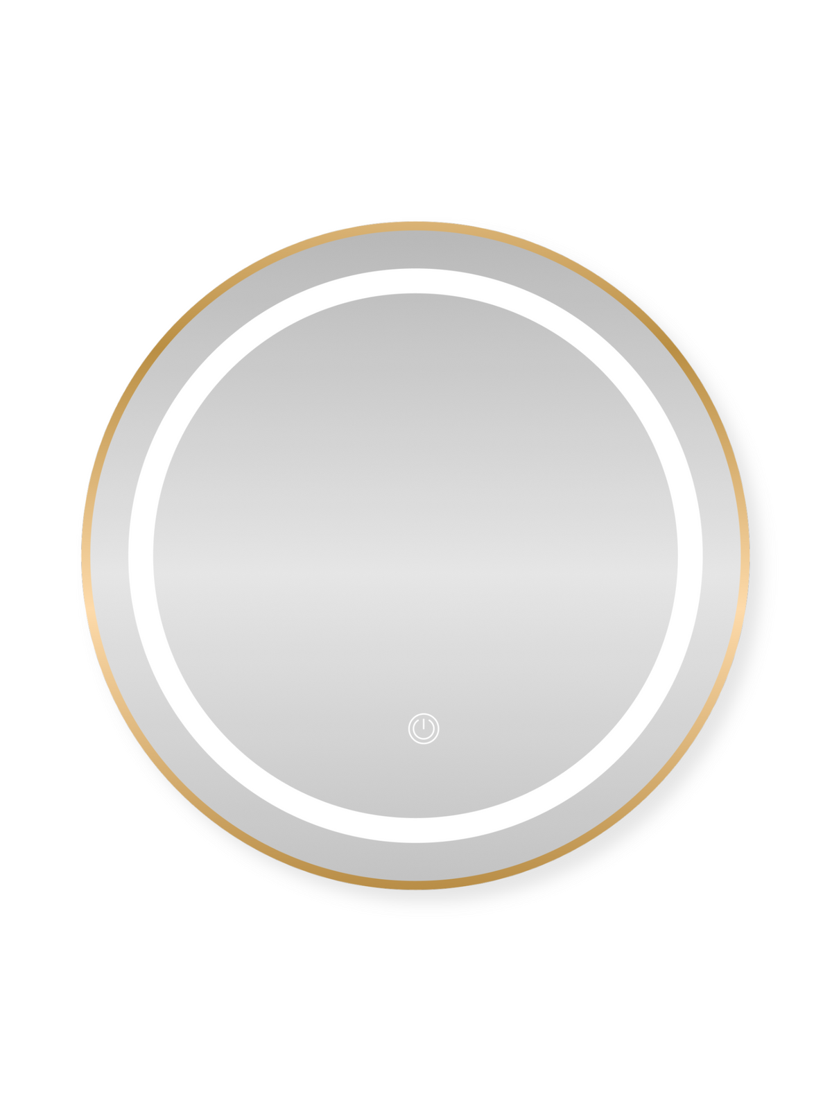 Round LED bathroom mirror with gold-toned frame, glowing white ring light illuminated, touch power icon visible at bottom…