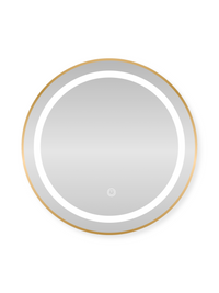 Round LED bathroom mirror with gold-toned frame, glowing white ring light illuminated, touch power icon visible at bottom…