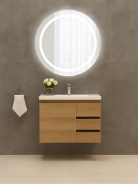 Wall-mounted oak vanity unit with white basin, three right-side drawers, chrome tap, and round backlit LED mirror above