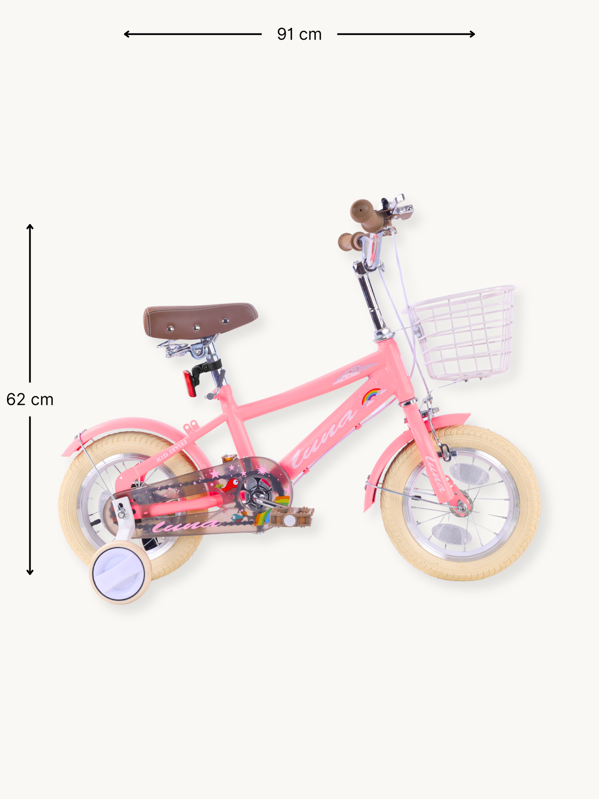 Pink Luna 12-inch girls' bike side view with dimension annotations: 91 cm length and 62 cm height marked