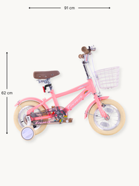 Pink Luna 12-inch girls' bike side view with dimension annotations: 91 cm length and 62 cm height marked