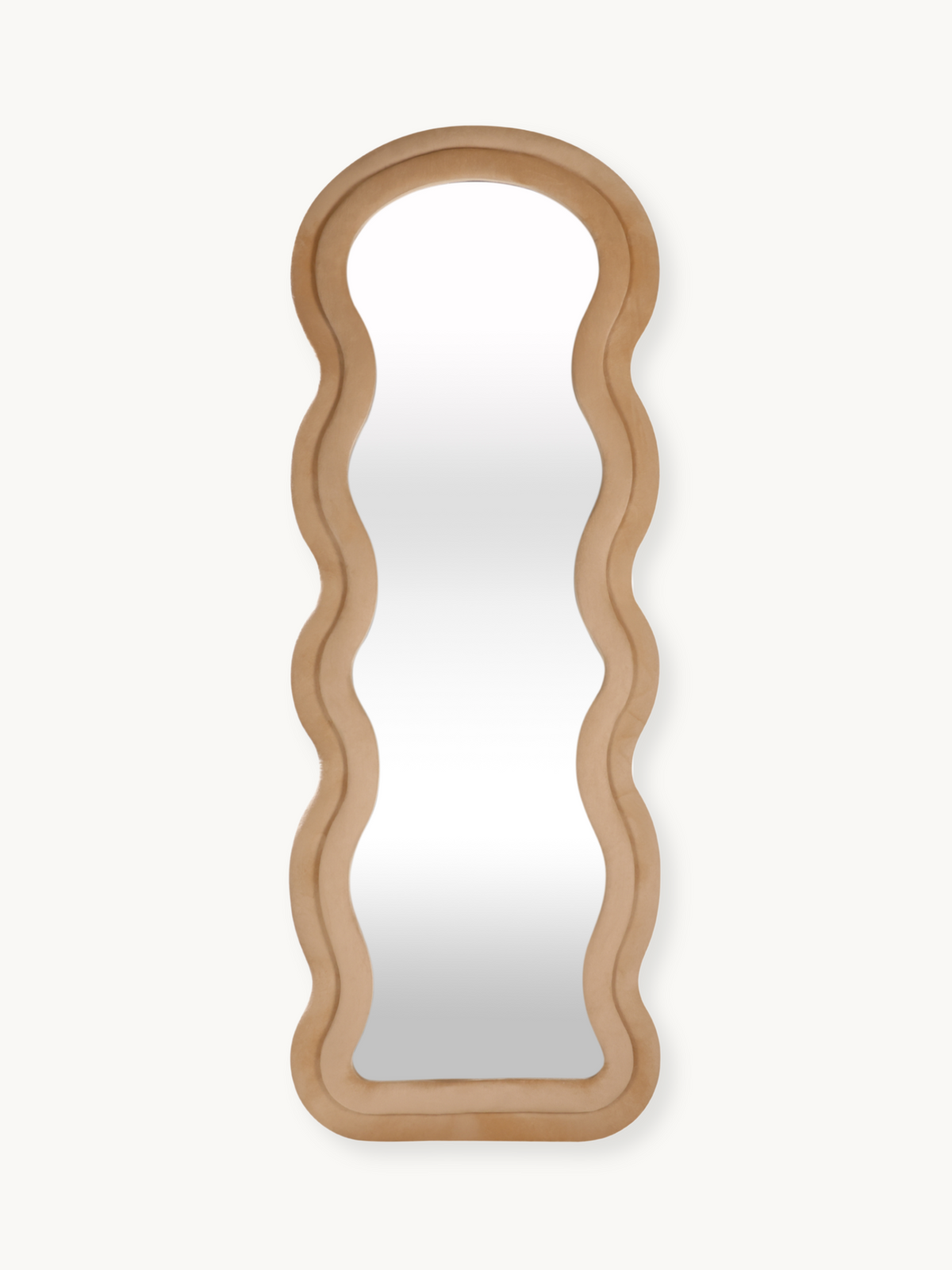 Tall full-length mirror with wavy taupe beige suede velvet frame, front view on white background