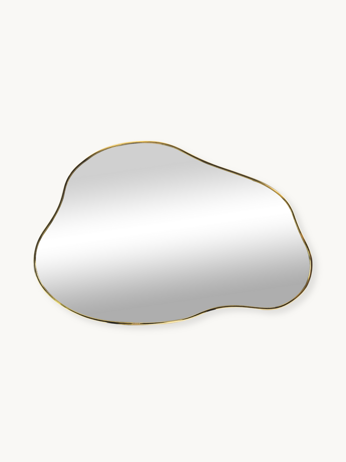 Organic-shaped wall mirror with slim gold PVC frame, front view on white background, asymmetric pebble silhouette, 60×40 cm