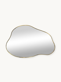 Organic-shaped wall mirror with slim gold PVC frame, front view on white background, asymmetric pebble silhouette, 60×40 cm