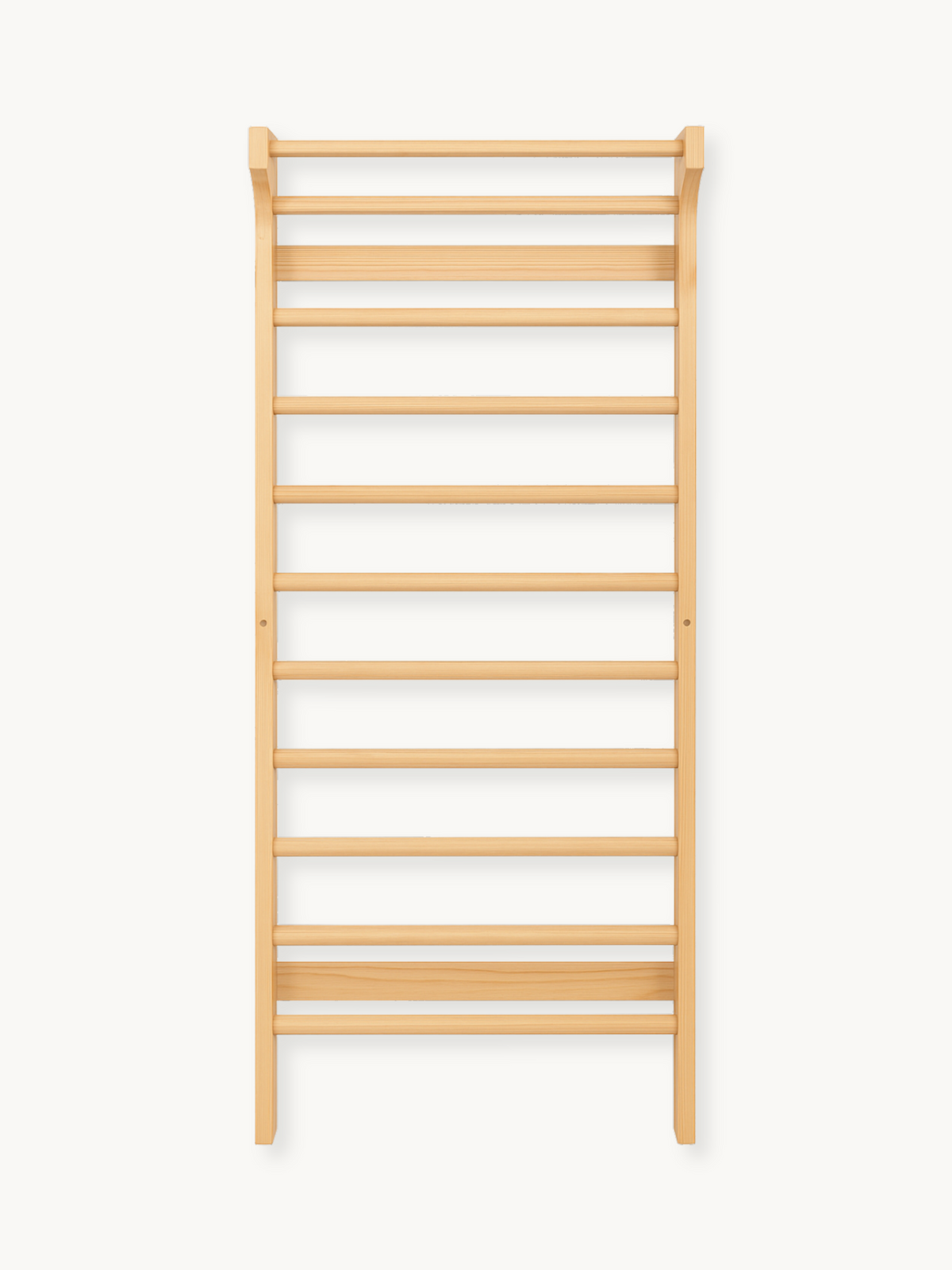 Natural wood wall-mounted climbing ladder with evenly spaced rungs, front view on white background