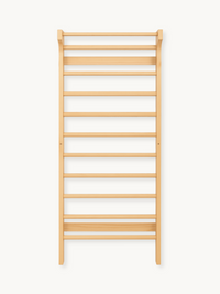 Natural wood wall-mounted climbing ladder with evenly spaced rungs, front view on white background