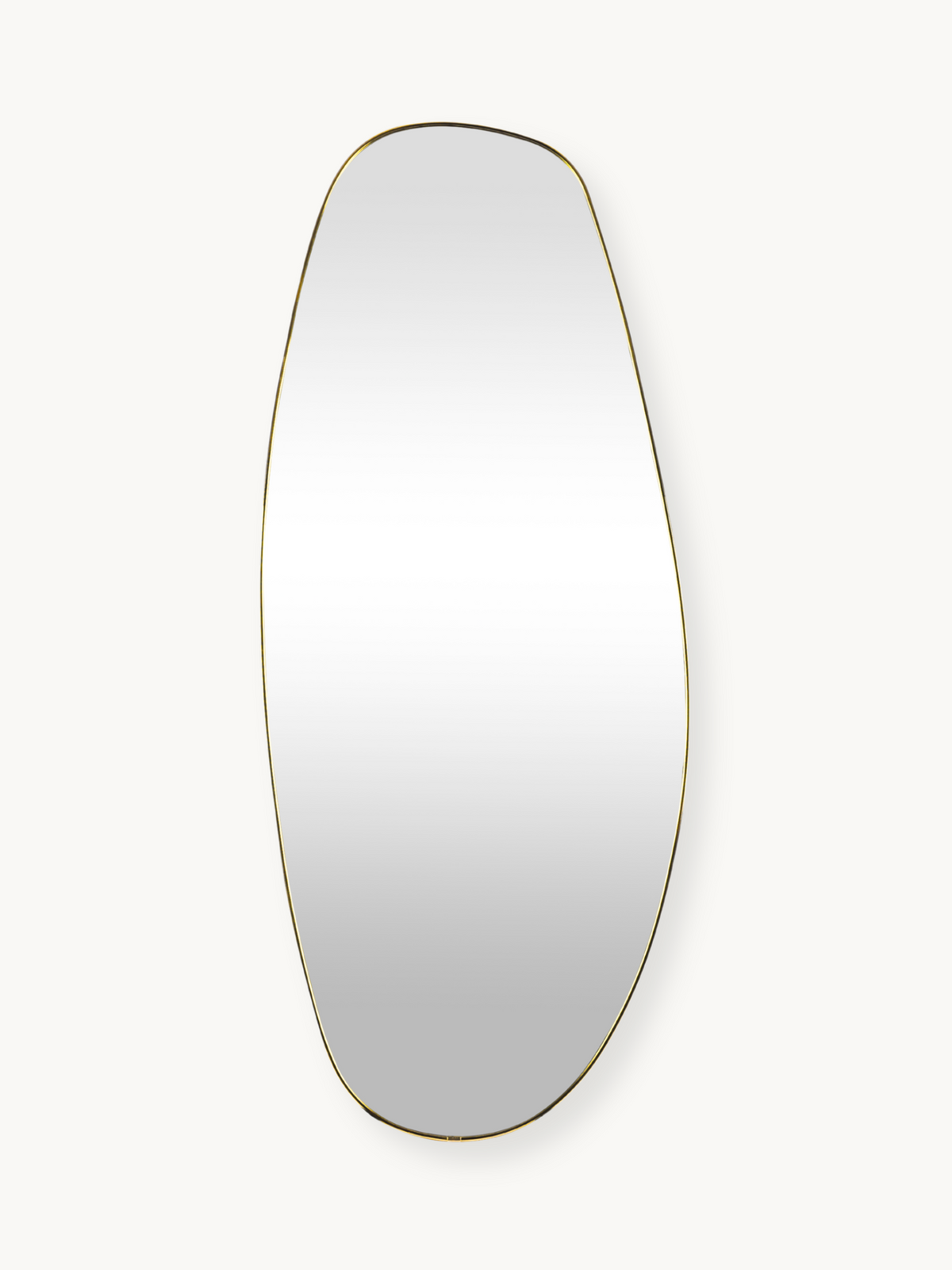 Tall oval wall mirror with thin gold PVC frame, asymmetric organic shape, front view on off-white background