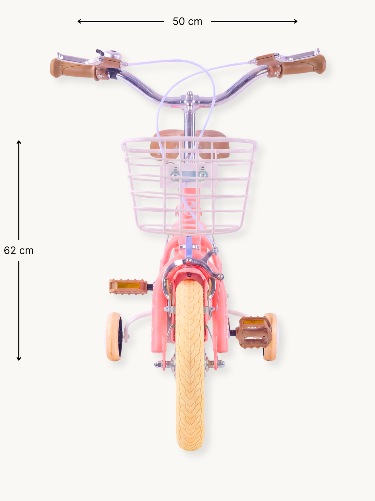 Front view of coral pink Luna 12-inch kids' bike with lilac wire basket, brown grips, cream tyres, training wheels, and 50…