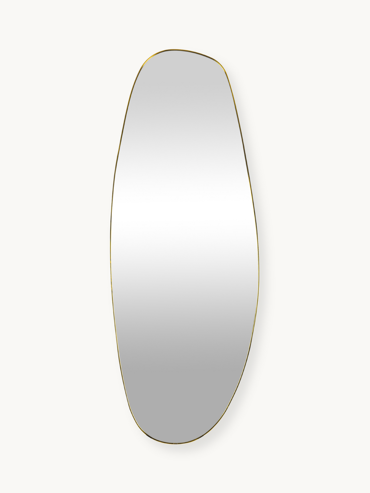 Tall asymmetric oval wall mirror with slim gold PVC frame against off-white background, front view