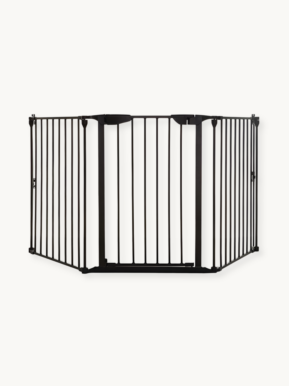 Black metal multi-panel baby safety gate fully extended, front view, showing central door section and angled side panels w…