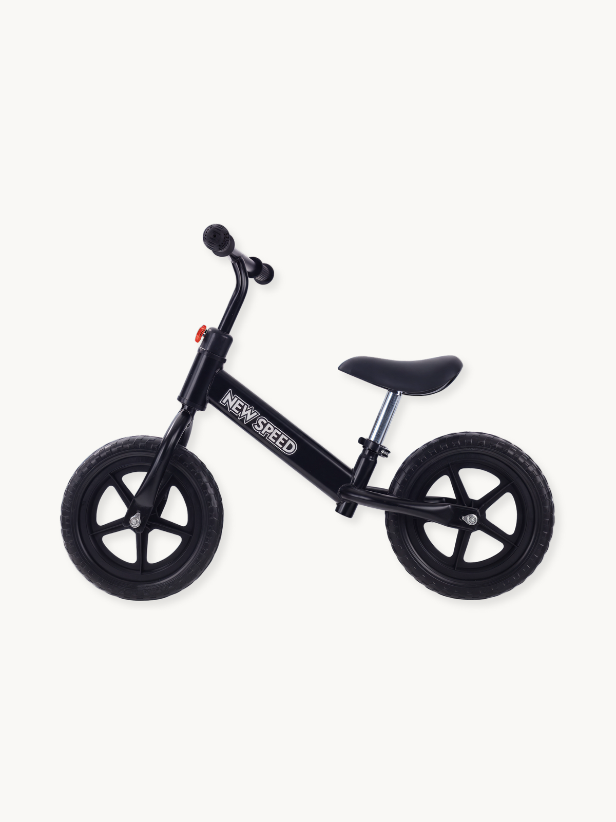 Black New Speed balance bike full side view, steel frame with white logo, five-spoke plastic rims and adjustable saddle post