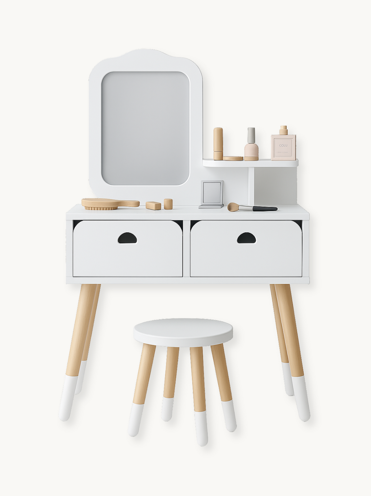 White children's wooden vanity table with mirror, two drawers, side shelf, matching round stool, and toy accessories on ne…