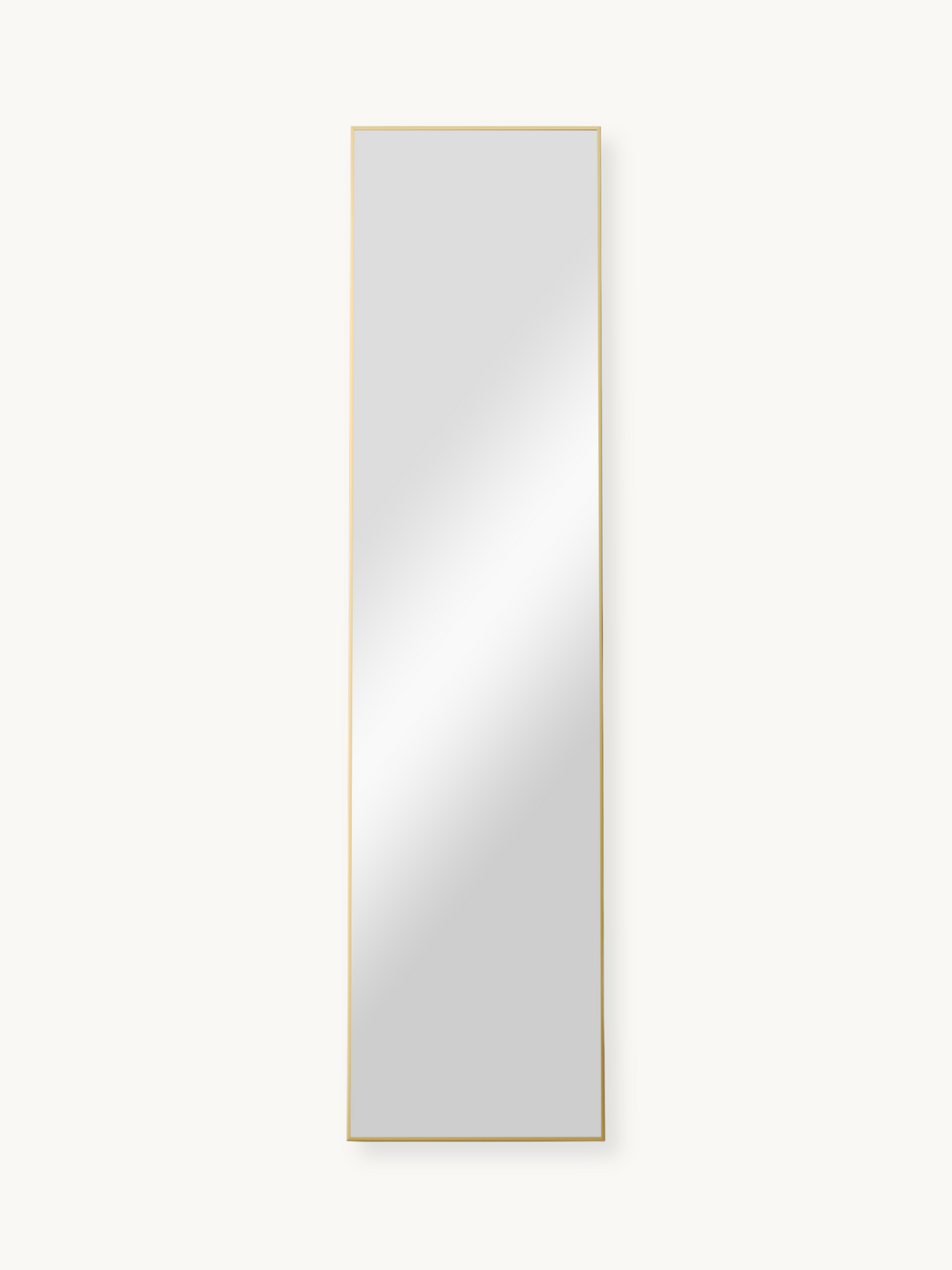 Tall rectangular full-length mirror with slim gold aluminium frame, front view on white background