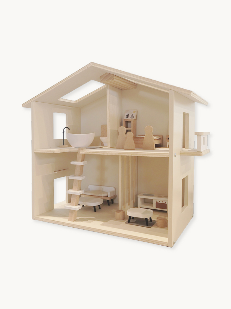 Natural wood two-storey dolls house, open front view showing furnished rooms, staircase, peg figures, and skylight roof