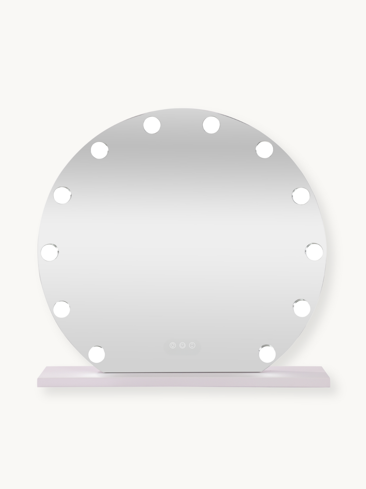 Round white Hollywood vanity mirror with 14 illuminated bulbs around the edge, touch controls visible, on a flat base, fro…
