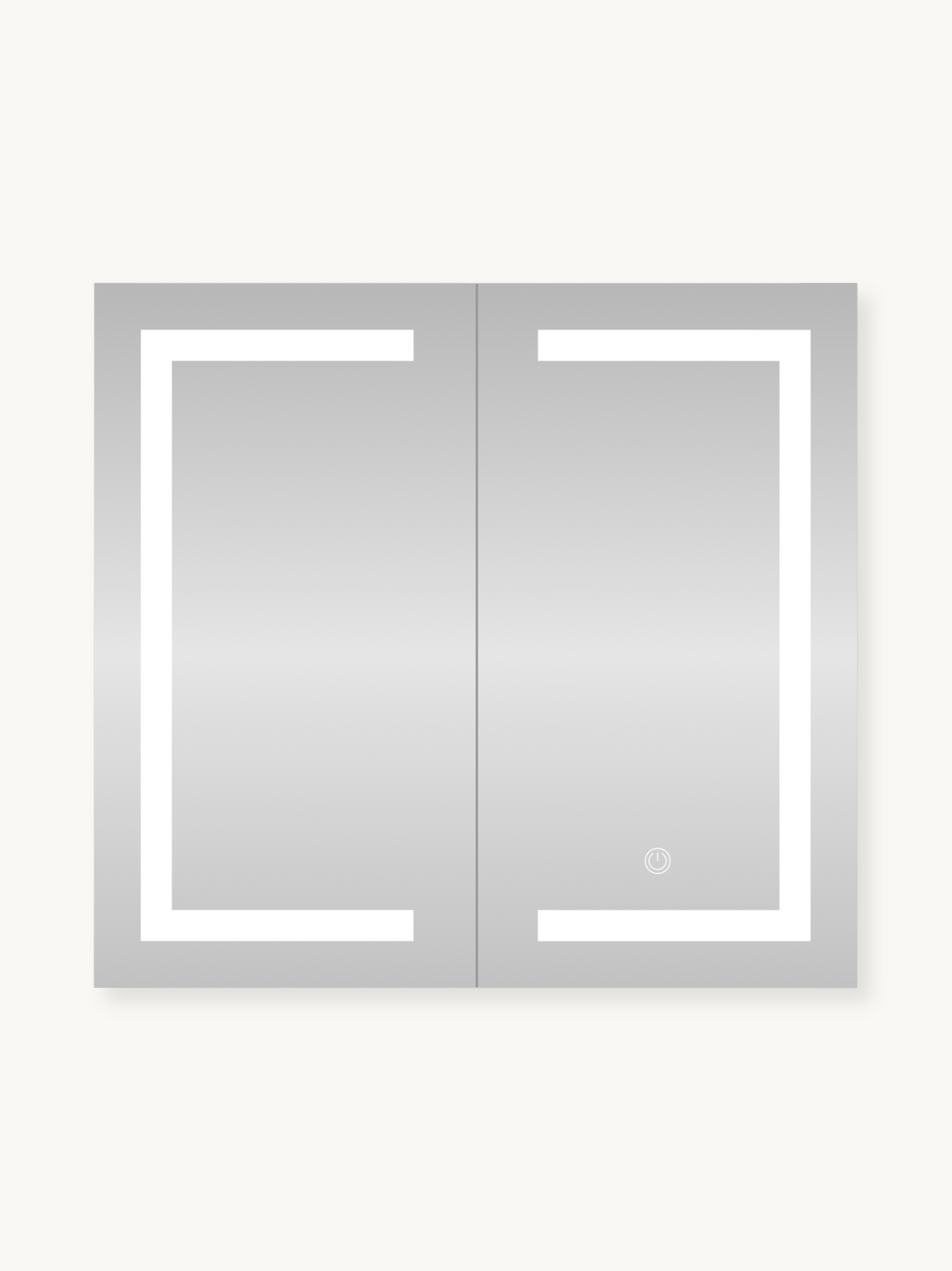 Front-facing LED mirror cabinet with two mirrored doors, bright white edge lighting, and a touch power button on the right…