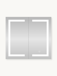Front-facing LED mirror cabinet with two mirrored doors, bright white edge lighting, and a touch power button on the right…