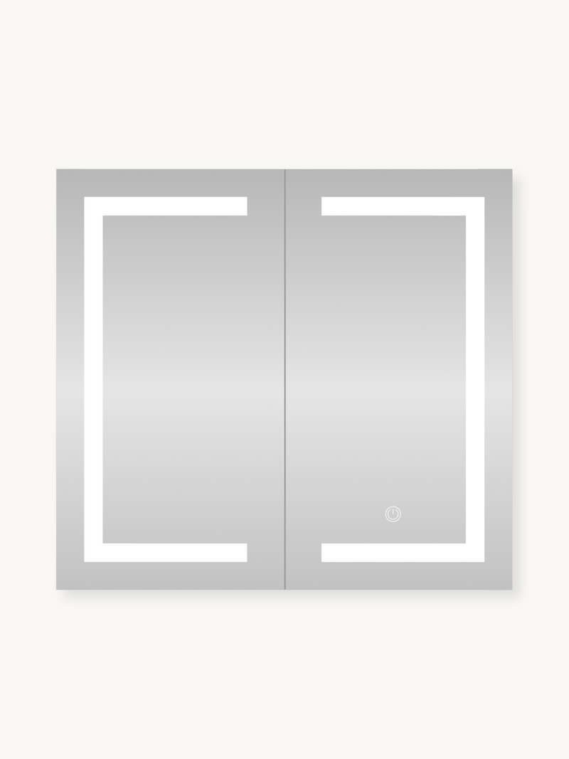 Front-facing LED mirror cabinet with two mirrored doors, bright white edge lighting, and a touch power button on the right…