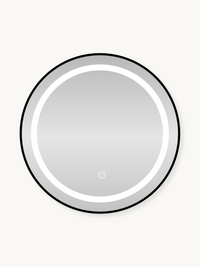 Round LED bathroom mirror with black metal frame, illuminated white ring light and central touch power button, front view…