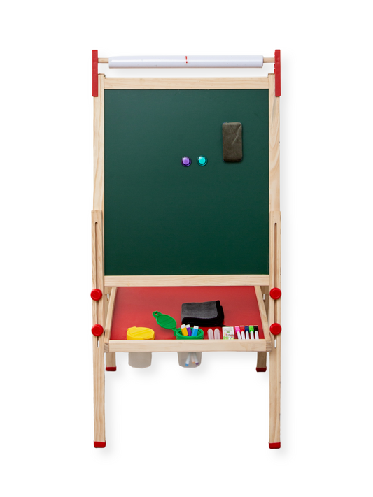 Houten kinderezel met krijtbord en whiteboard