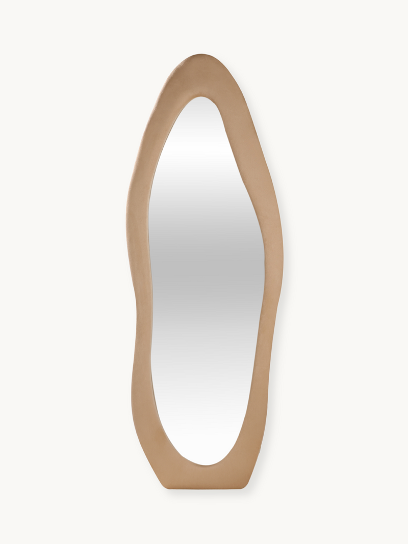 Seraphina full-length asymmetric mirror with wide taupe suede velvet frame, front view on white background