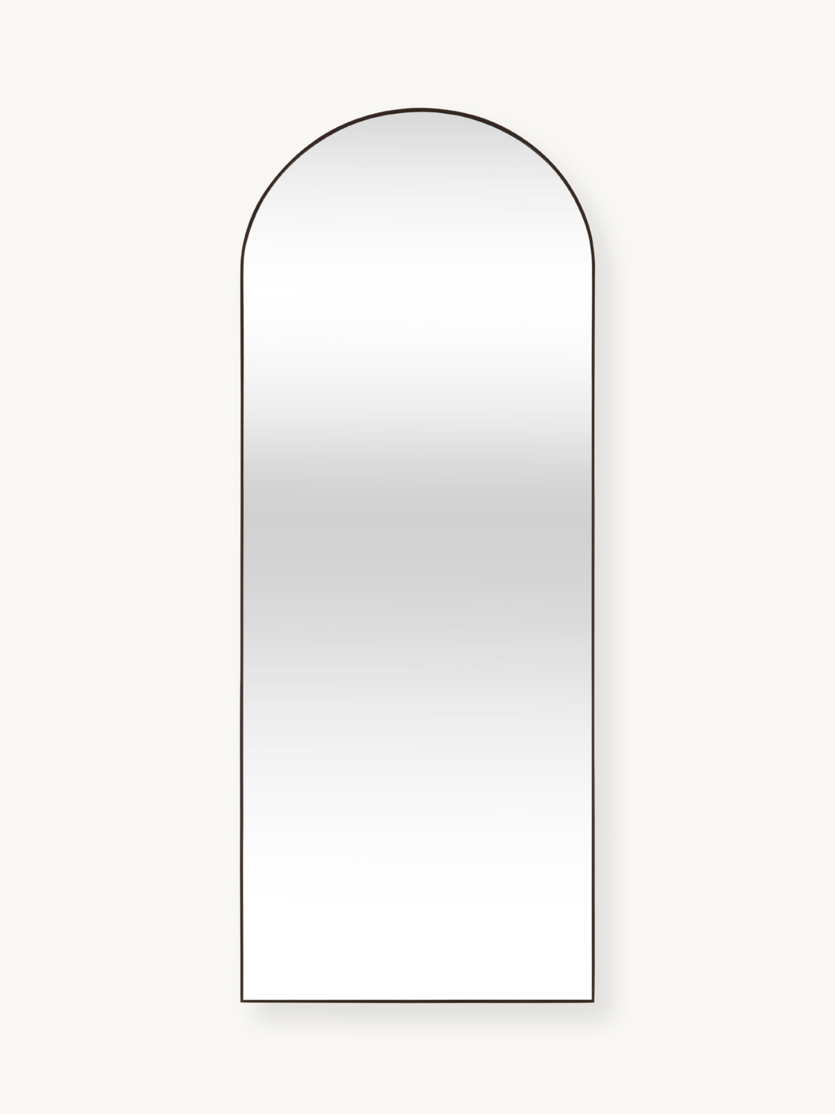 Full-length arched mirror with thin brown aluminium frame, front view on white background, 160x60cm