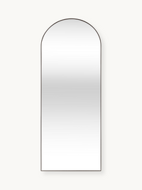 Full-length arched mirror with thin brown aluminium frame, front view on white background, 160x60cm